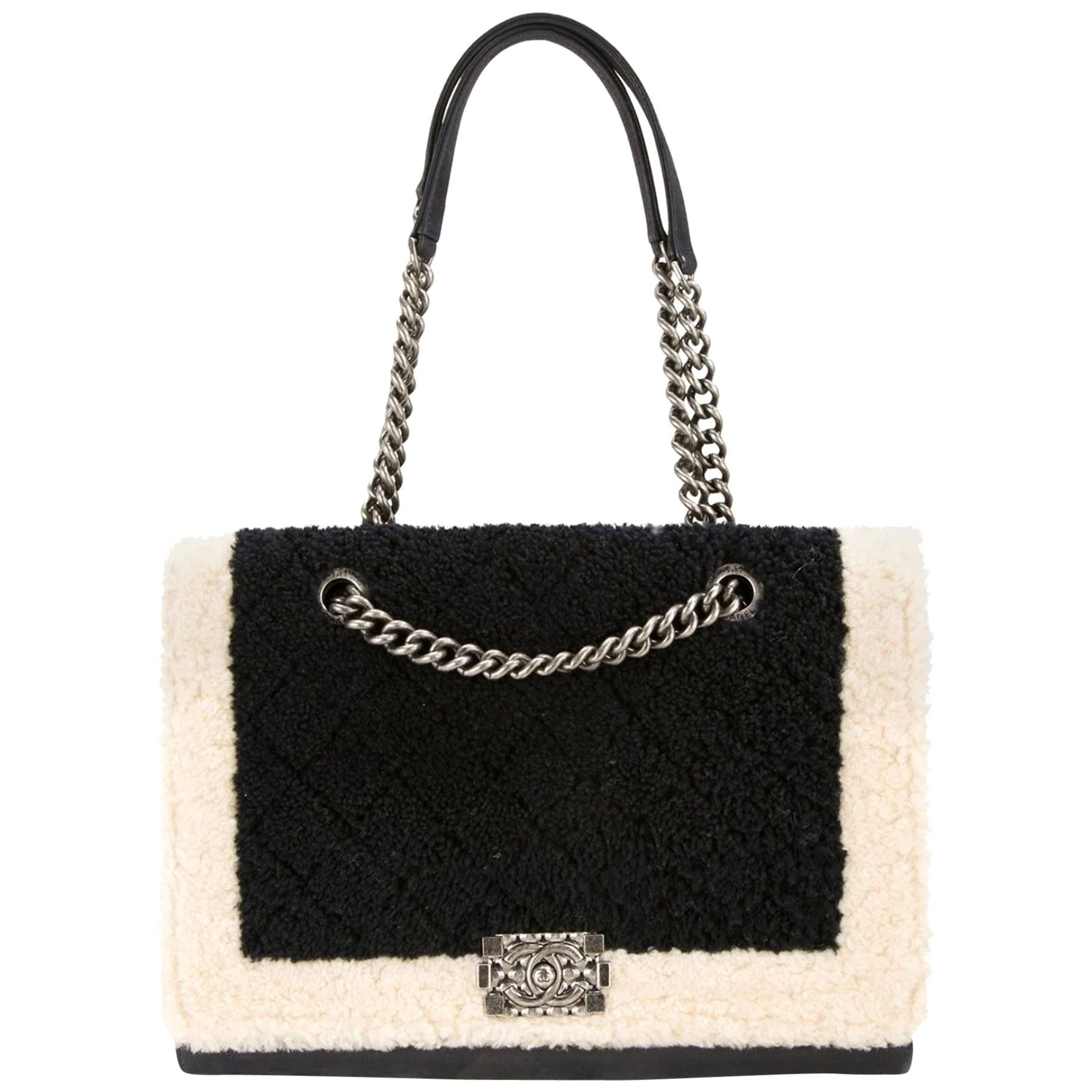 Chanel 2015 Two Tone Black Ivory Plush Shearling Large Boy Shopping Tote Bag For Sale
