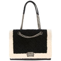 Chanel 2015 Two Tone Black Ivory Plush Shearling Large Boy Shopping Tote Bag