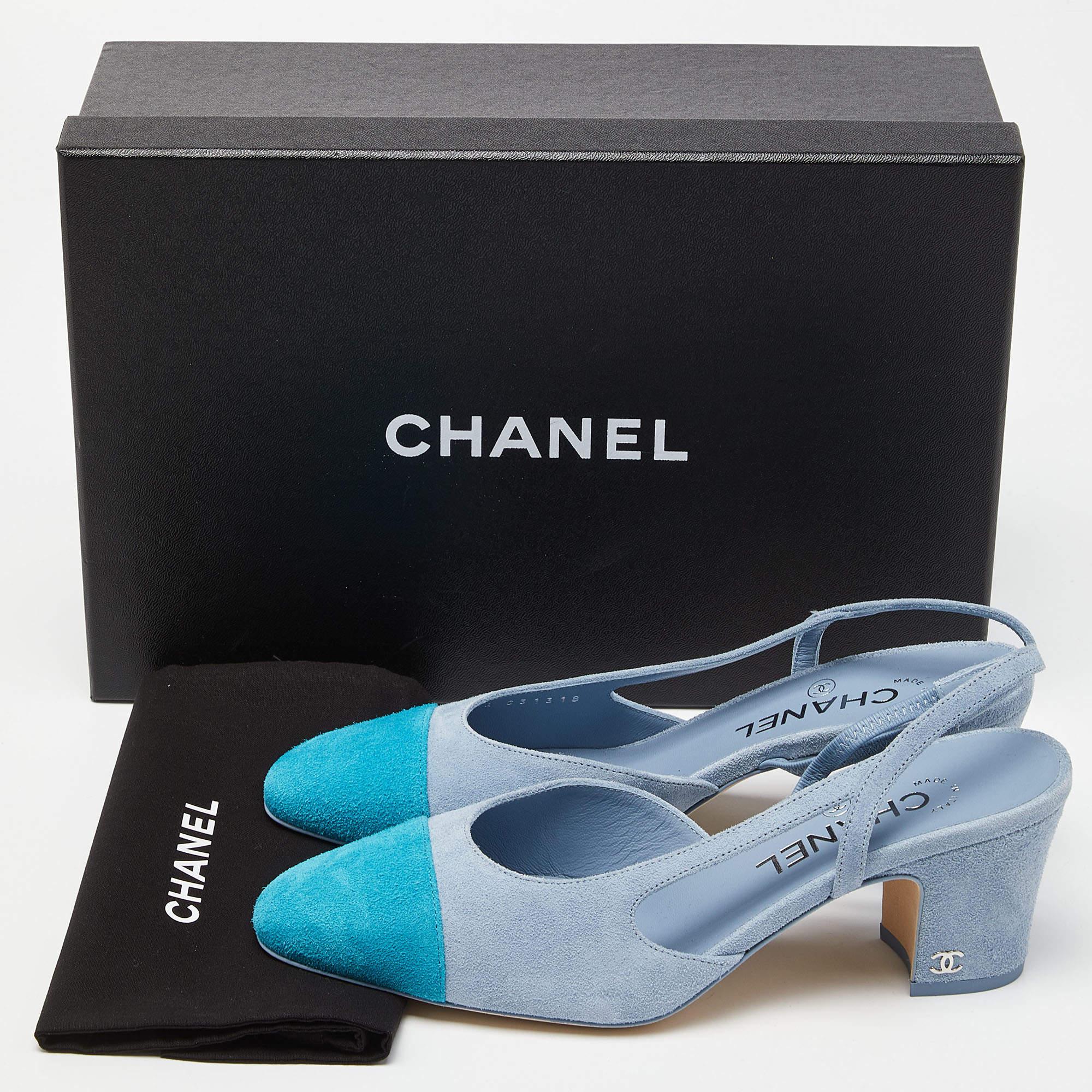 Chanel Two Tone Blue Suede Cap Toe Slingback Sandals Size 37.5 5