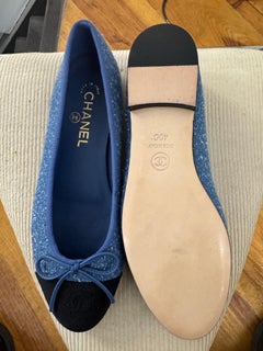 Chanel Two-Tone Blue Tweed Ballet Flats with Black Cap Toe & Bow – Size 40”