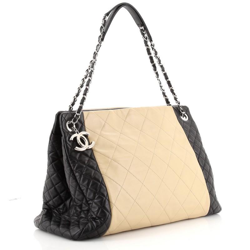 Beige Chanel Two Tone CC Charm Tote Quilted Lambskin Large