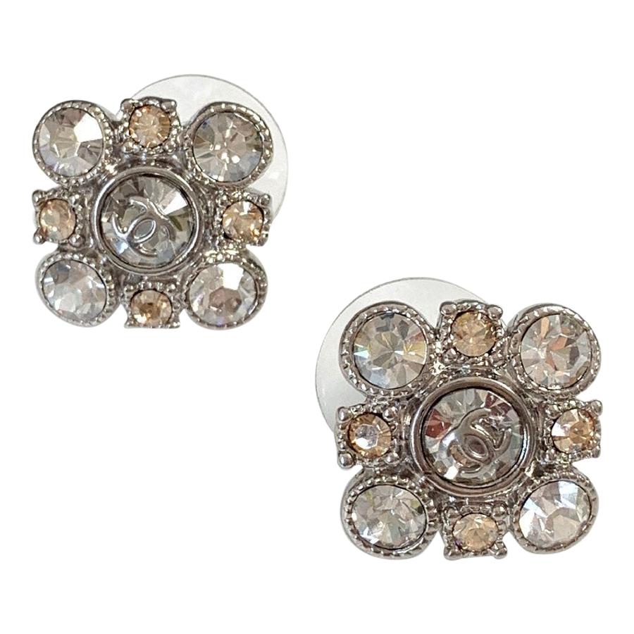 CHANEL Two-Tone Crystal Square Stud Earrings