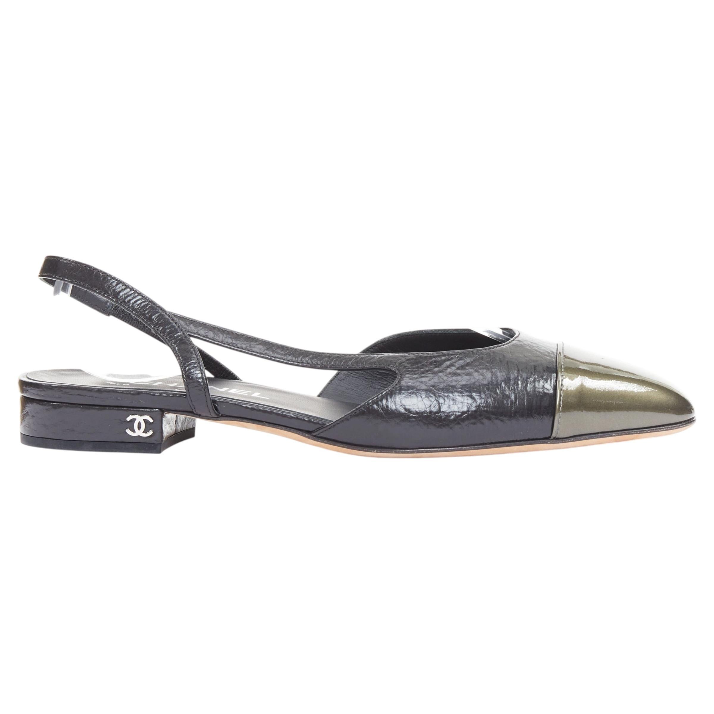CHANEL two tone gunmetal cap toe black texture leather CC slingback flats EU38.5