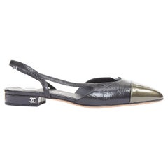 CHANEL two tone gunmetal cap toe black texture leather CC slingback flats EU38.5