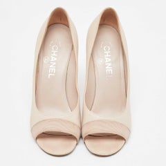 Chanel Two Tone Leather and Fabric CC Faux Pearl Open Toe Pumps Size 37.5