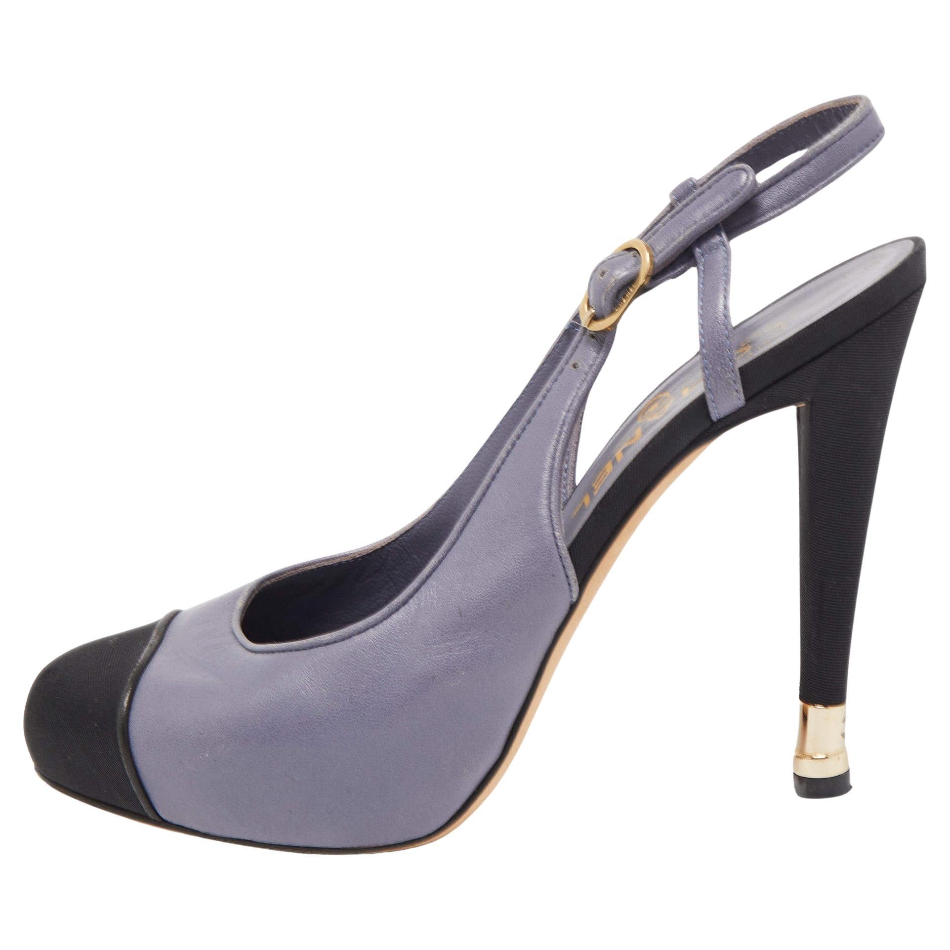 Chanel Two Tone Leather and Fabric CC Slingback Pumps