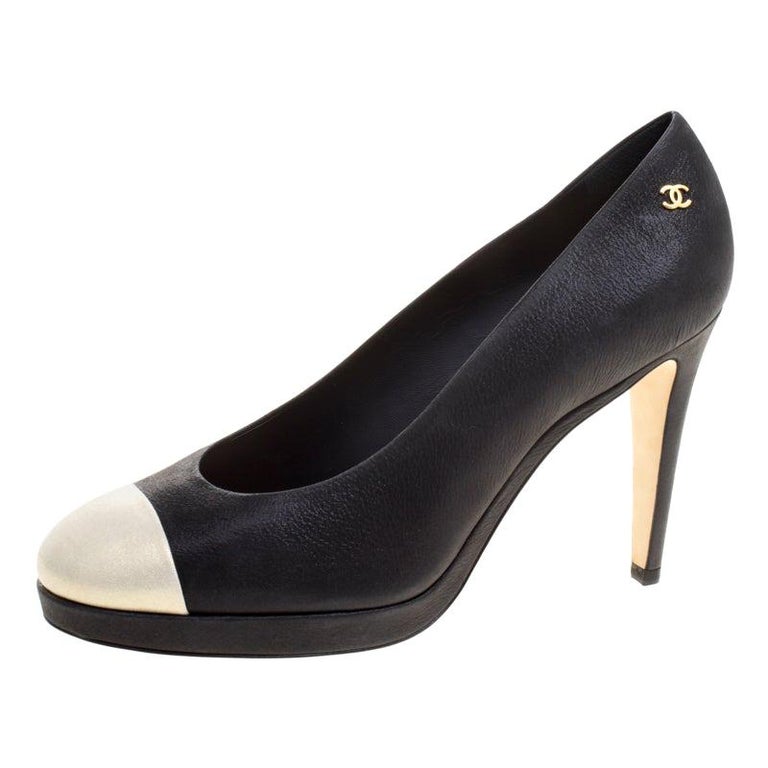 Chanel Two Tone Leather Cap Toe Platform Pumps Size 41 For Sale at 1stDibs