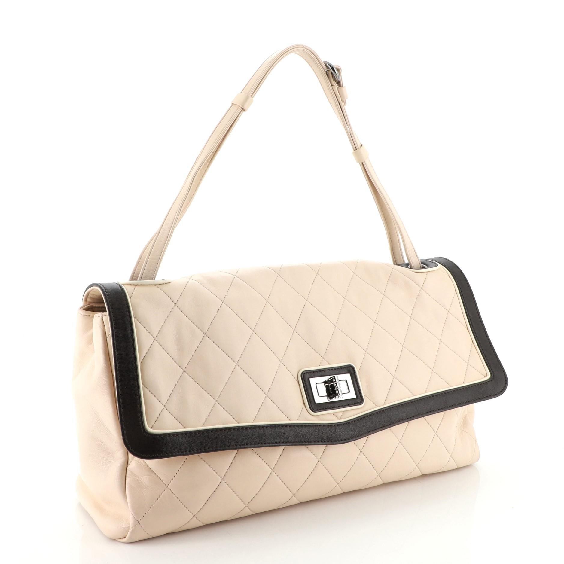Beige  Chanel Two Tone Mademoiselle Lock Flap Bag Quilted Lambskin Large
