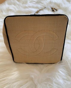CHANEL two tone raffia and leather bucket bag