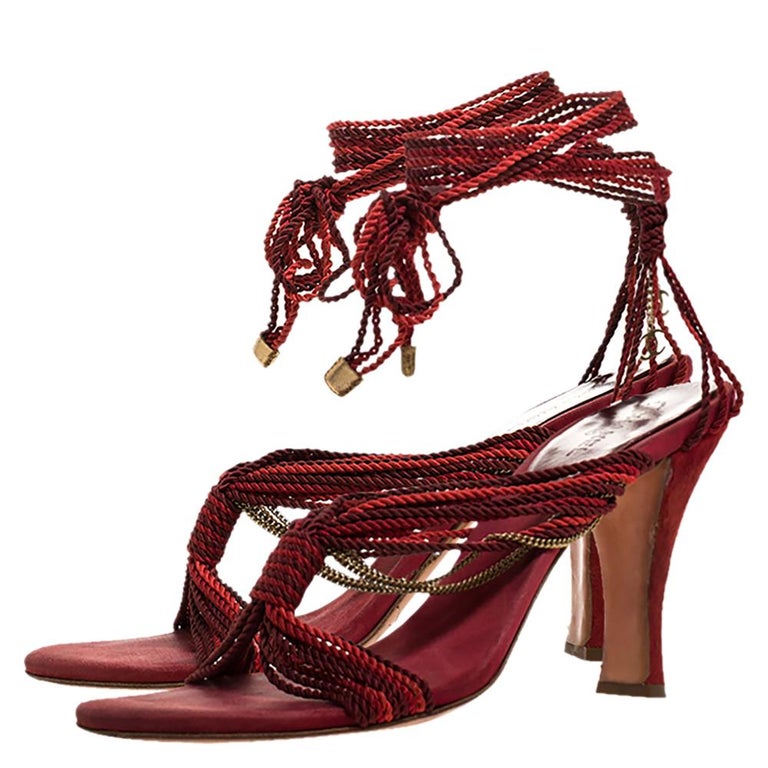 Chanel Two Tone Rope Metal Chain Embellished CC Tie Up Sandals Size 41 ...