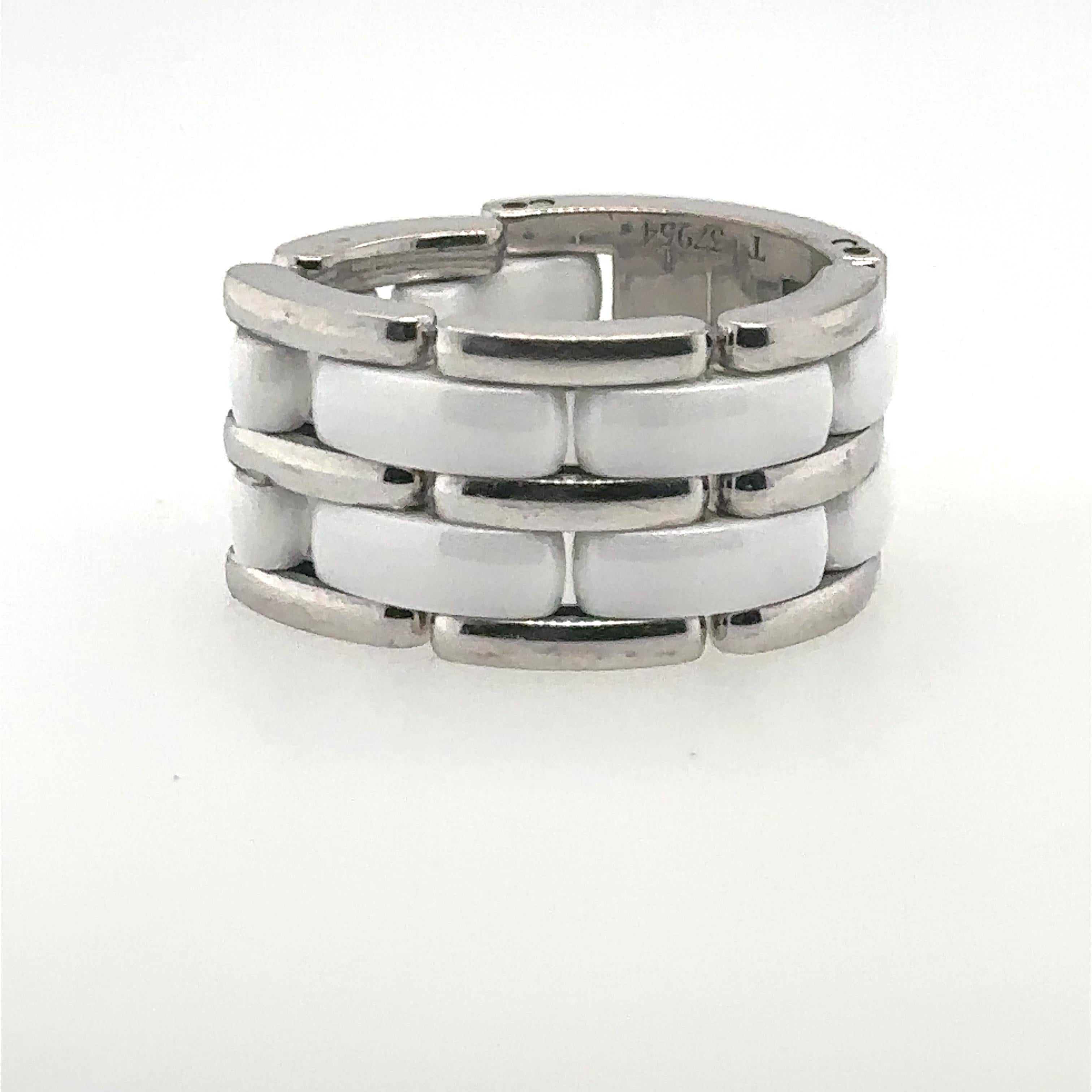 Looking for a stunning, jaw dropping piece of fine jewelry that signifies your love of Chanel? This gorgeous Chanel 18k White Gold and  White Ceramic Ultra Ring from 2012 features 18k  white gold and high-gloss white ceramic links. Part of Chanel's