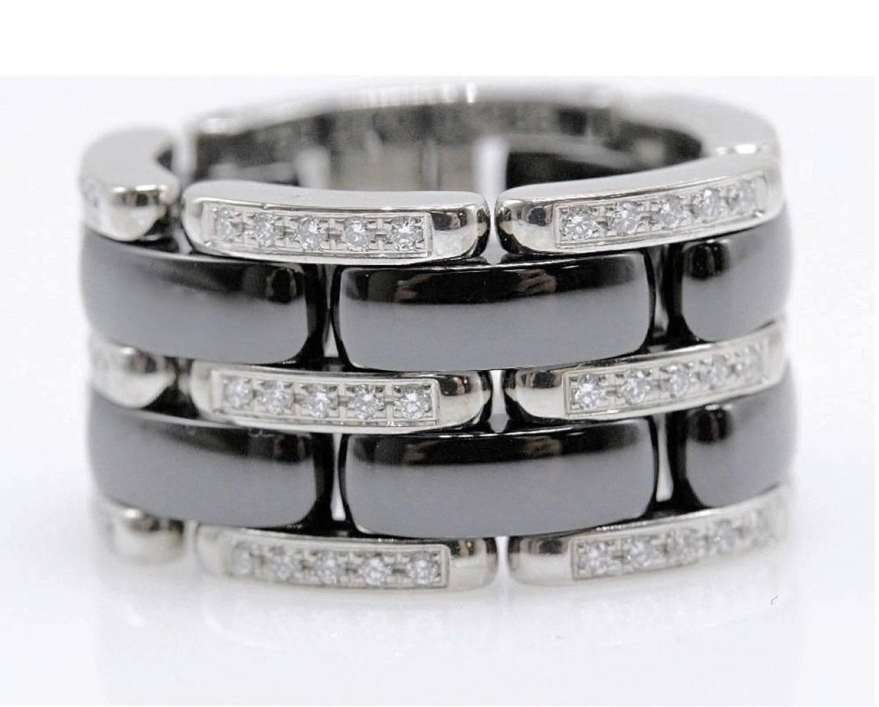 Chanel Ultra Black Link Ceramic and Diamond Band Ring 18 Karat White Gold 7