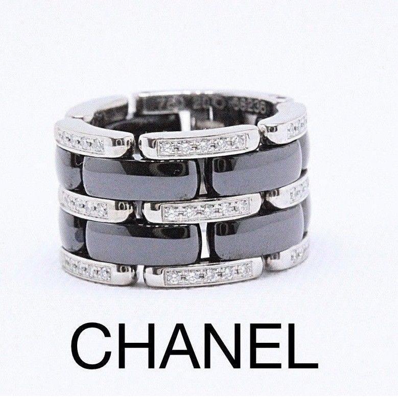 CHANEL Ultra Link Black Ceramic and Diamond Band Ring. 18KT White Gold, 12 MM Width.  Round Brilliant Diamonds 0.32 TCW F color, VVS clarity.  Hallmark 