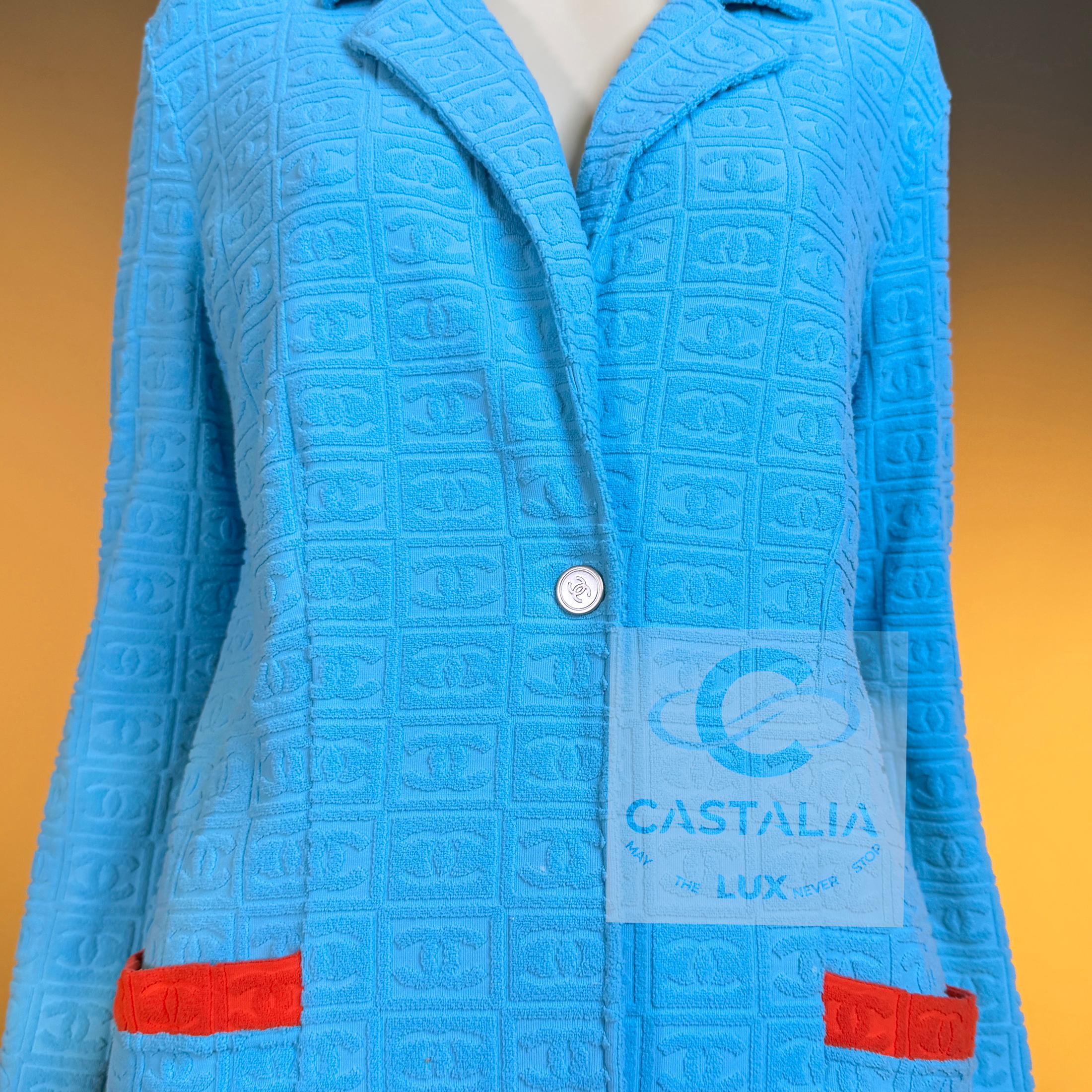 Chanel Ultra Raro Vintage CC Logo Turchese Giacca Terry 40 FR in vendita 5