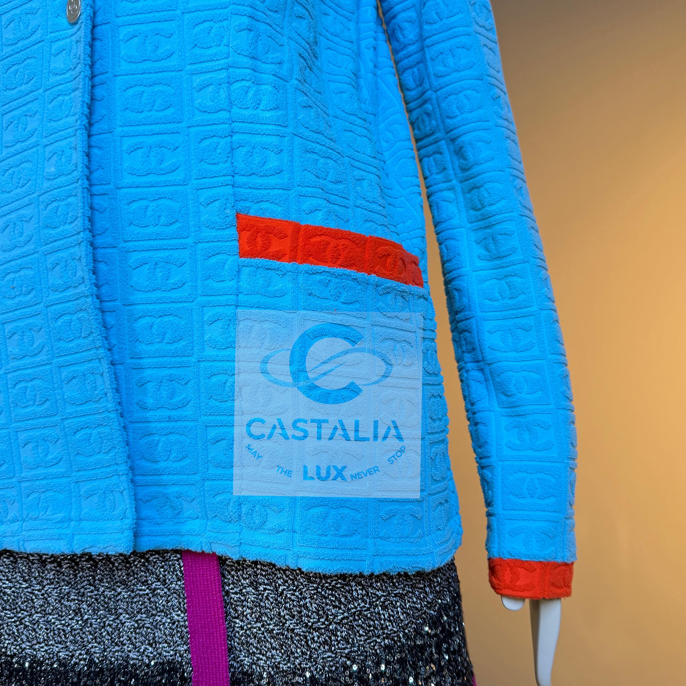 Chanel Ultra Raro Vintage CC Logo Turchese Giacca Terry 40 FR in vendita 6