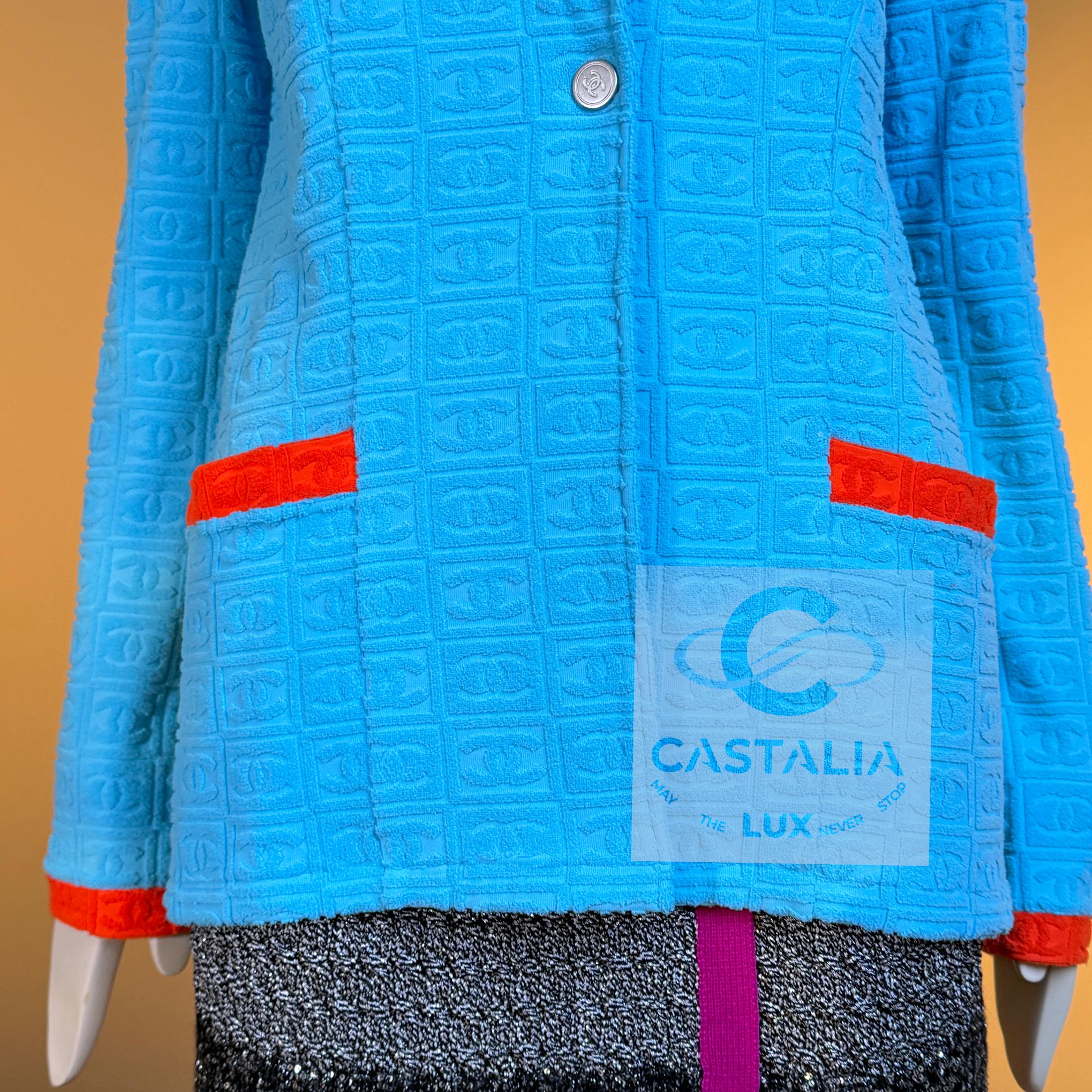 Chanel Ultra Raro Vintage CC Logo Turchese Giacca Terry 40 FR in vendita 7