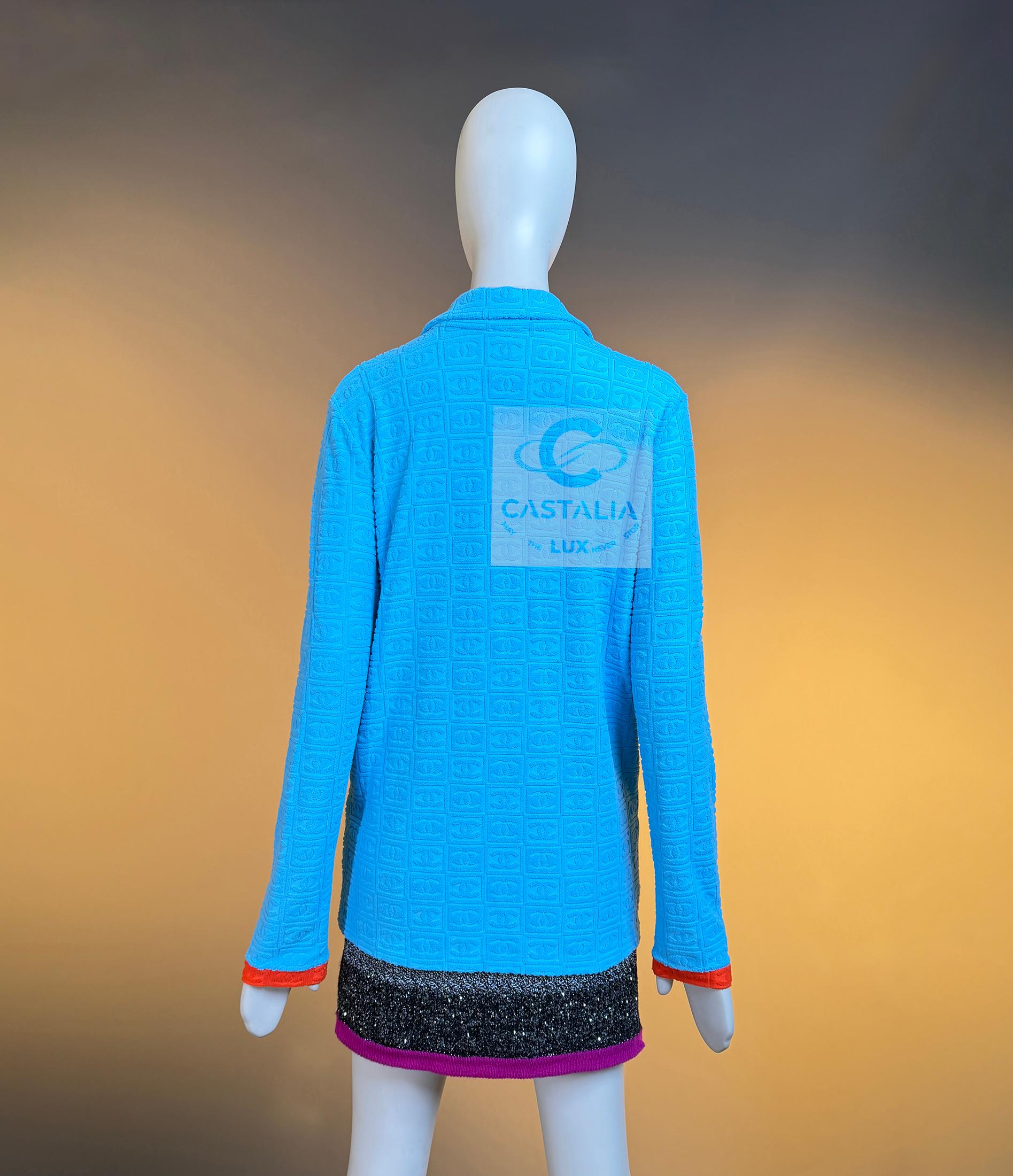 Chanel Ultra Raro Vintage CC Logo Turchese Giacca Terry 40 FR in vendita 9