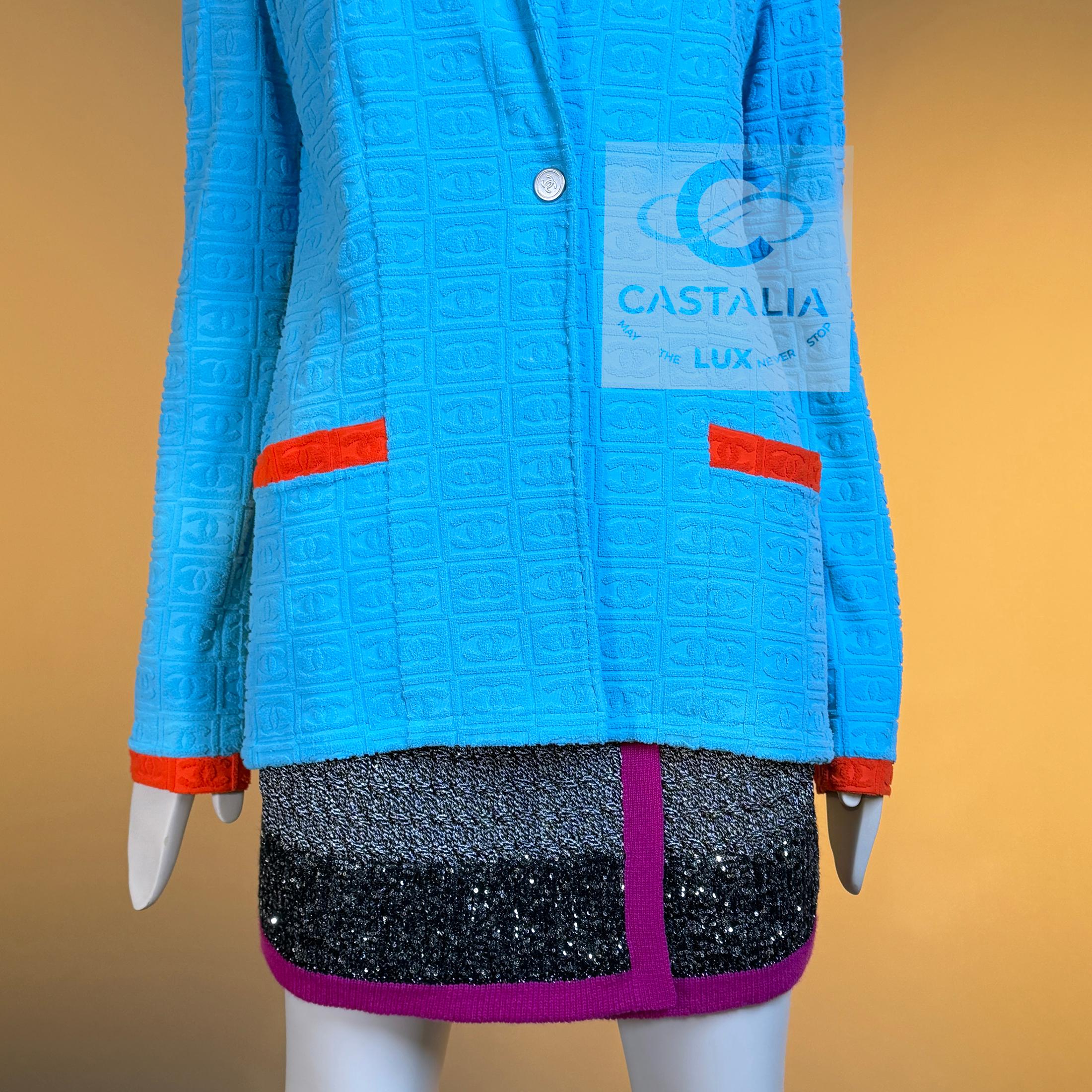 Chanel Ultra Raro Vintage CC Logo Turchese Giacca Terry 40 FR in vendita 10