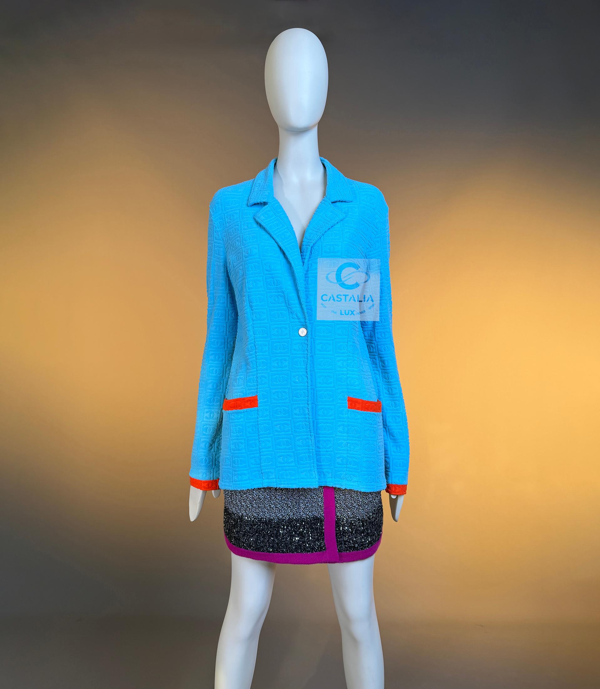 Chanel Ultra Raro Vintage CC Logo Turchese Giacca Terry 40 FR in vendita 1