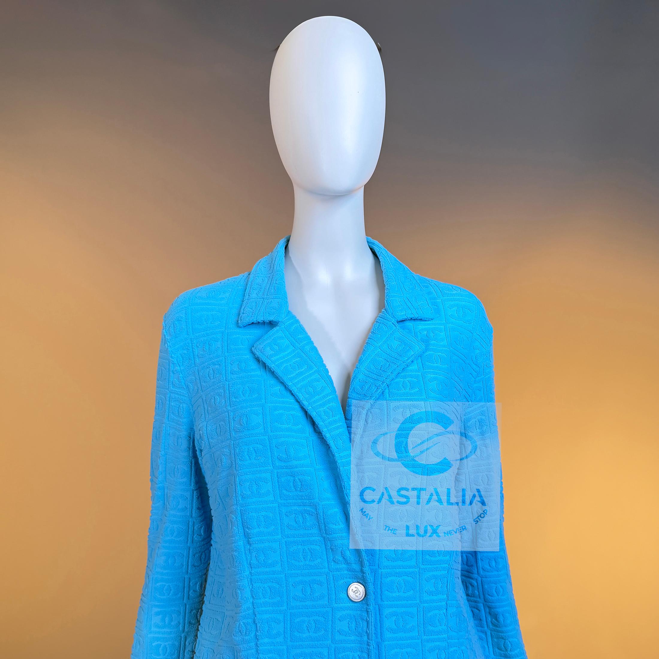 Chanel Ultra Raro Vintage CC Logo Turchese Giacca Terry 40 FR in vendita 2