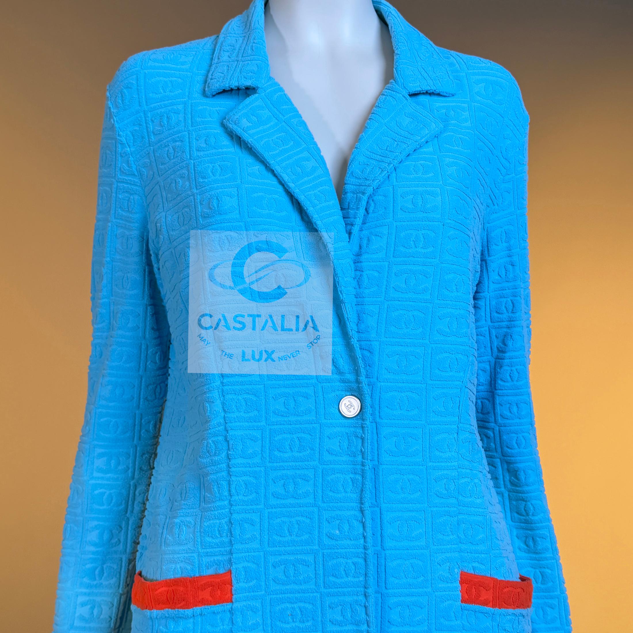 Chanel Ultra Raro Vintage CC Logo Turchese Giacca Terry 40 FR in vendita 4