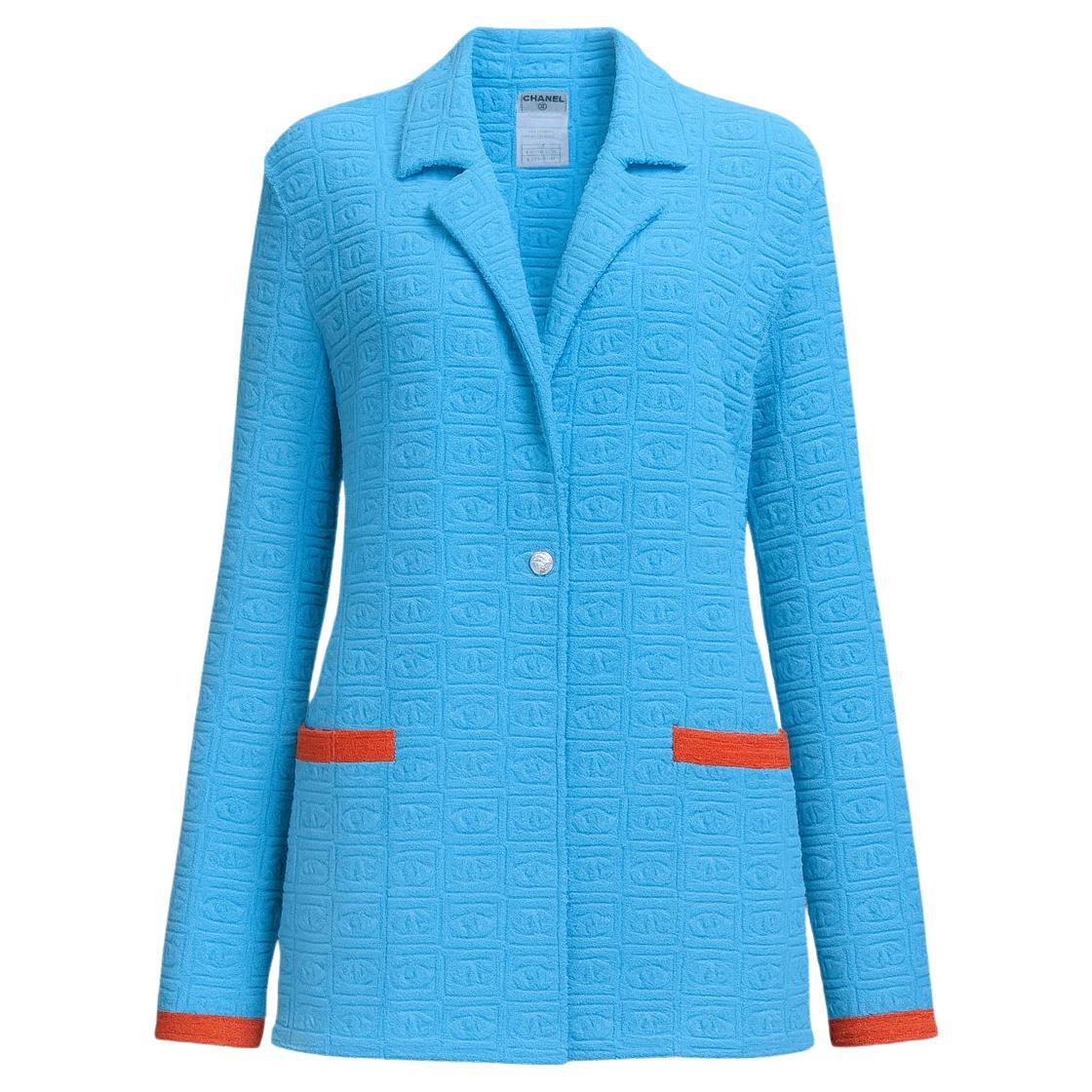 CHANEL Ultra Rare Vintage CC Logo Turquoise Terry Jacket 40 FR