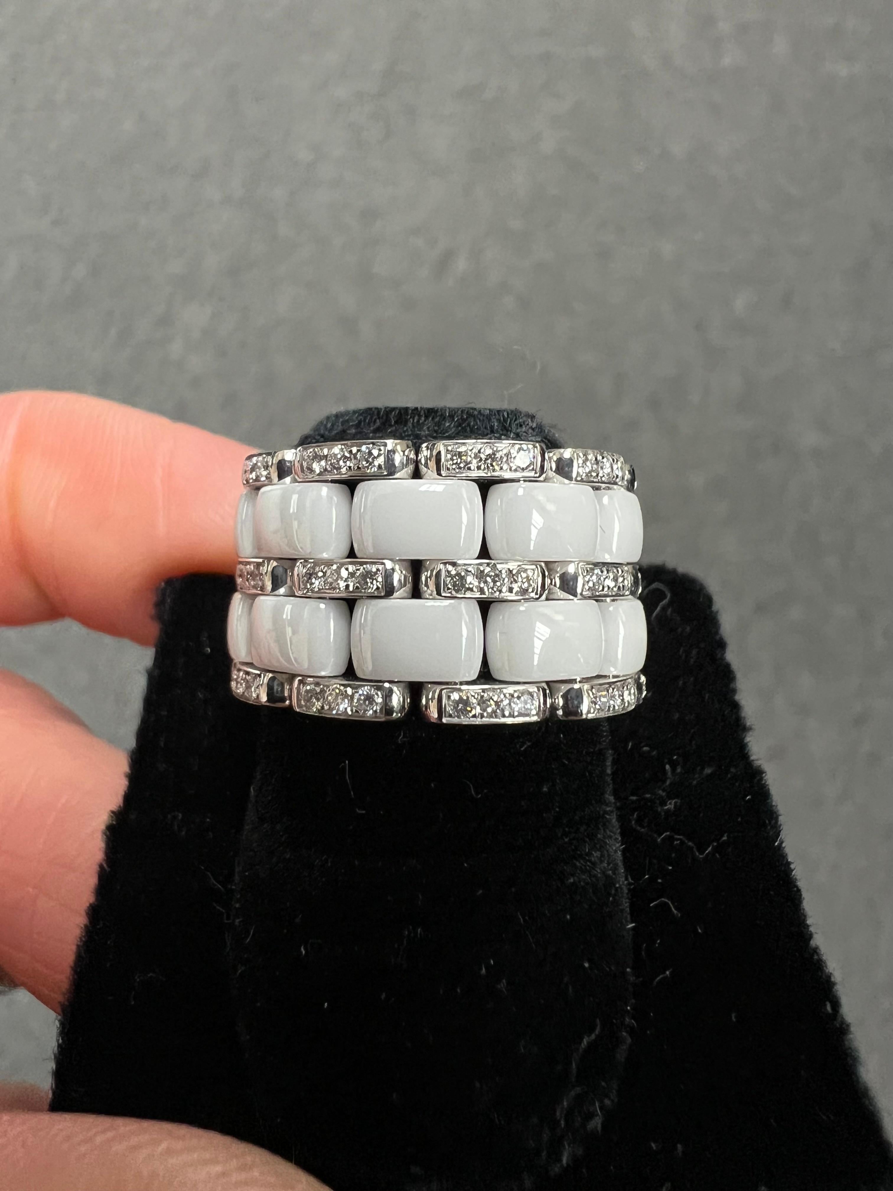 Round Cut Chanel Ultra Wide White Ceramic Diamond Flex Ring For Sale