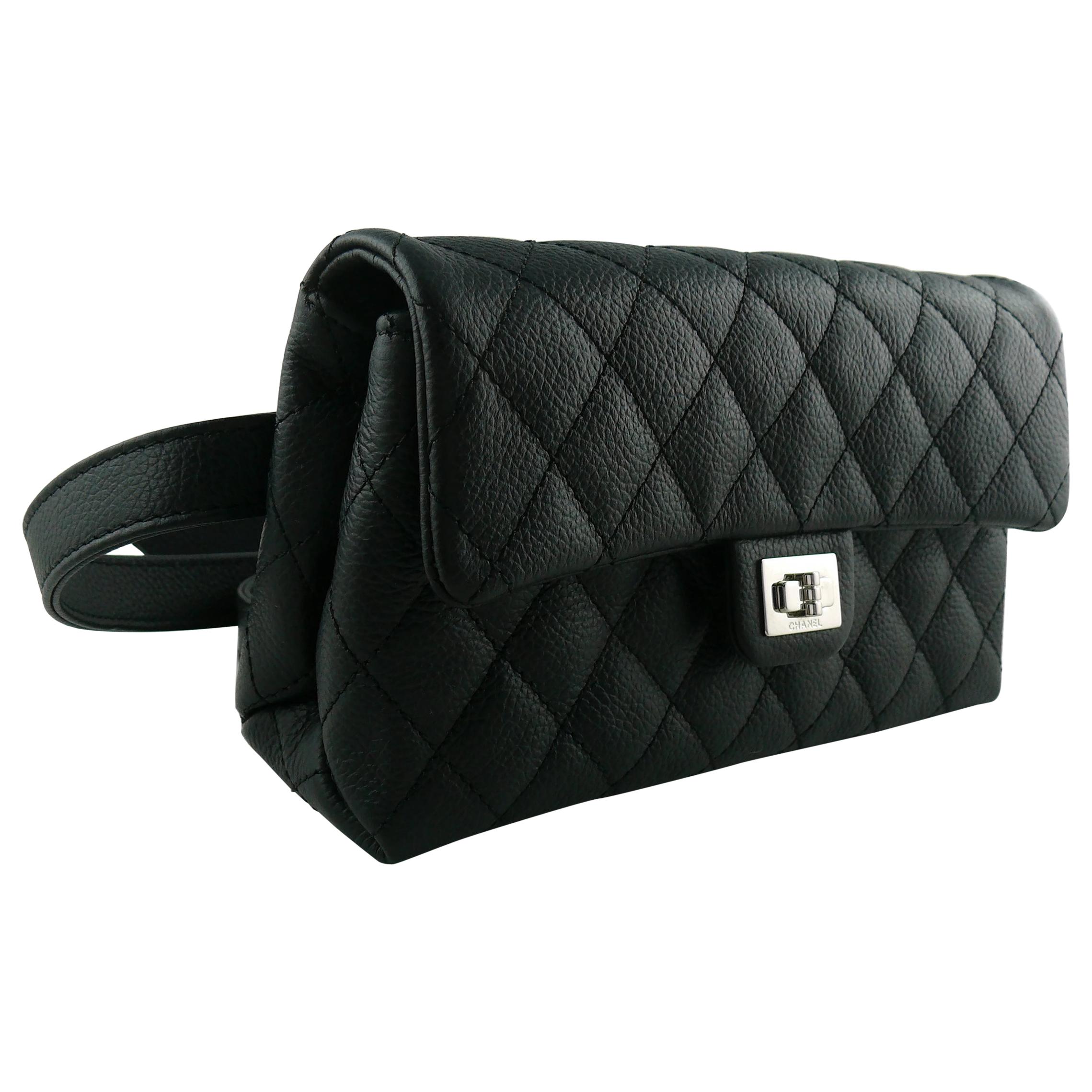 Chanel Uniform Black Quilted Grained Leather Waist-Belt Bag at 1stDibs