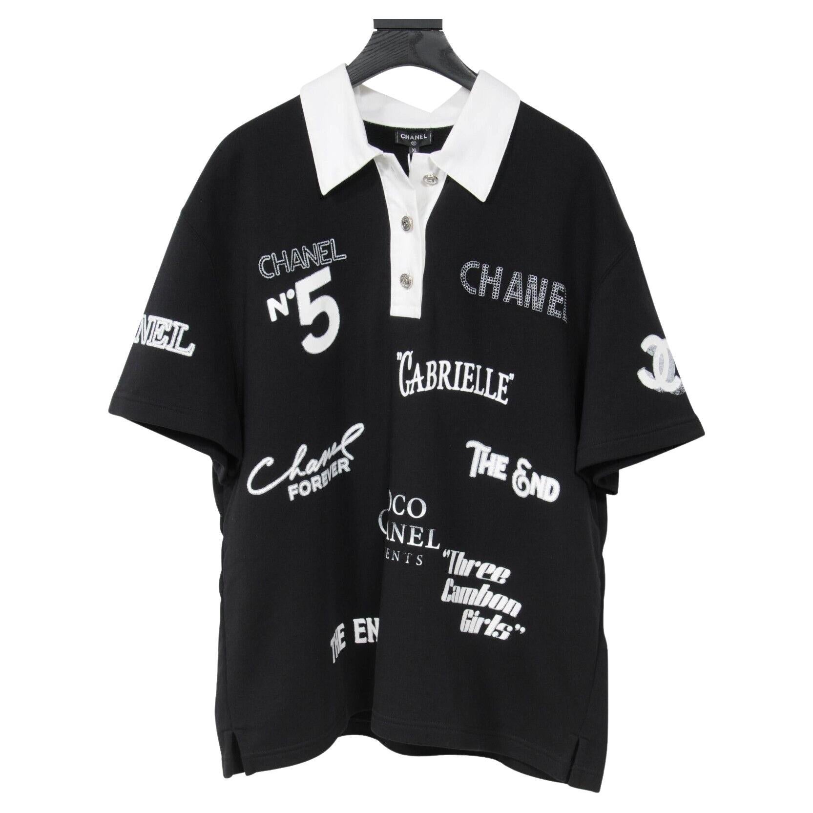 Chanel Unisex 21S Embroidered CC Logo Print Polo Shirt XL M Black White  Crystal