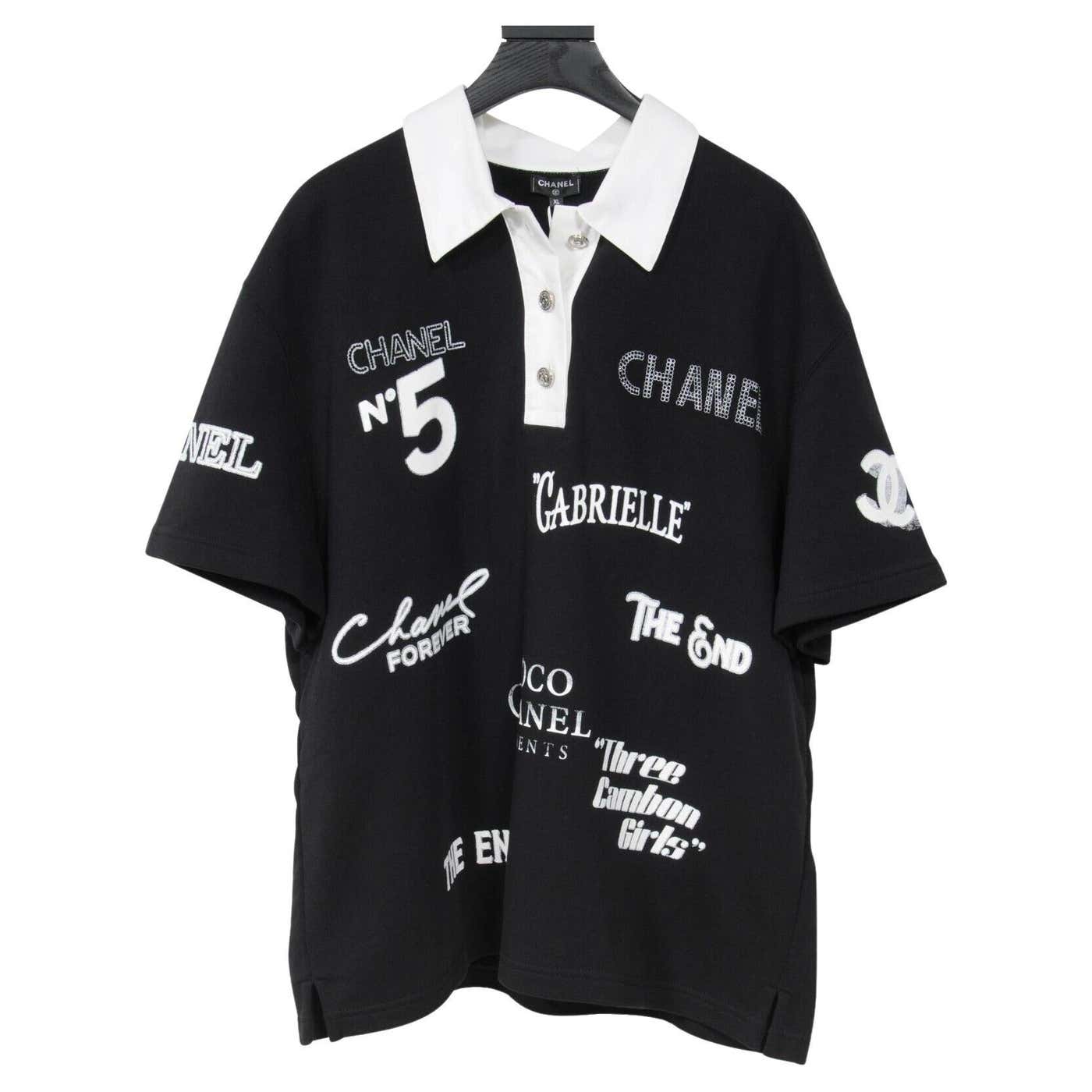 Chanel Unisex 21S Embroidered CC Logo Print Polo Shirt XL M Black White ...
