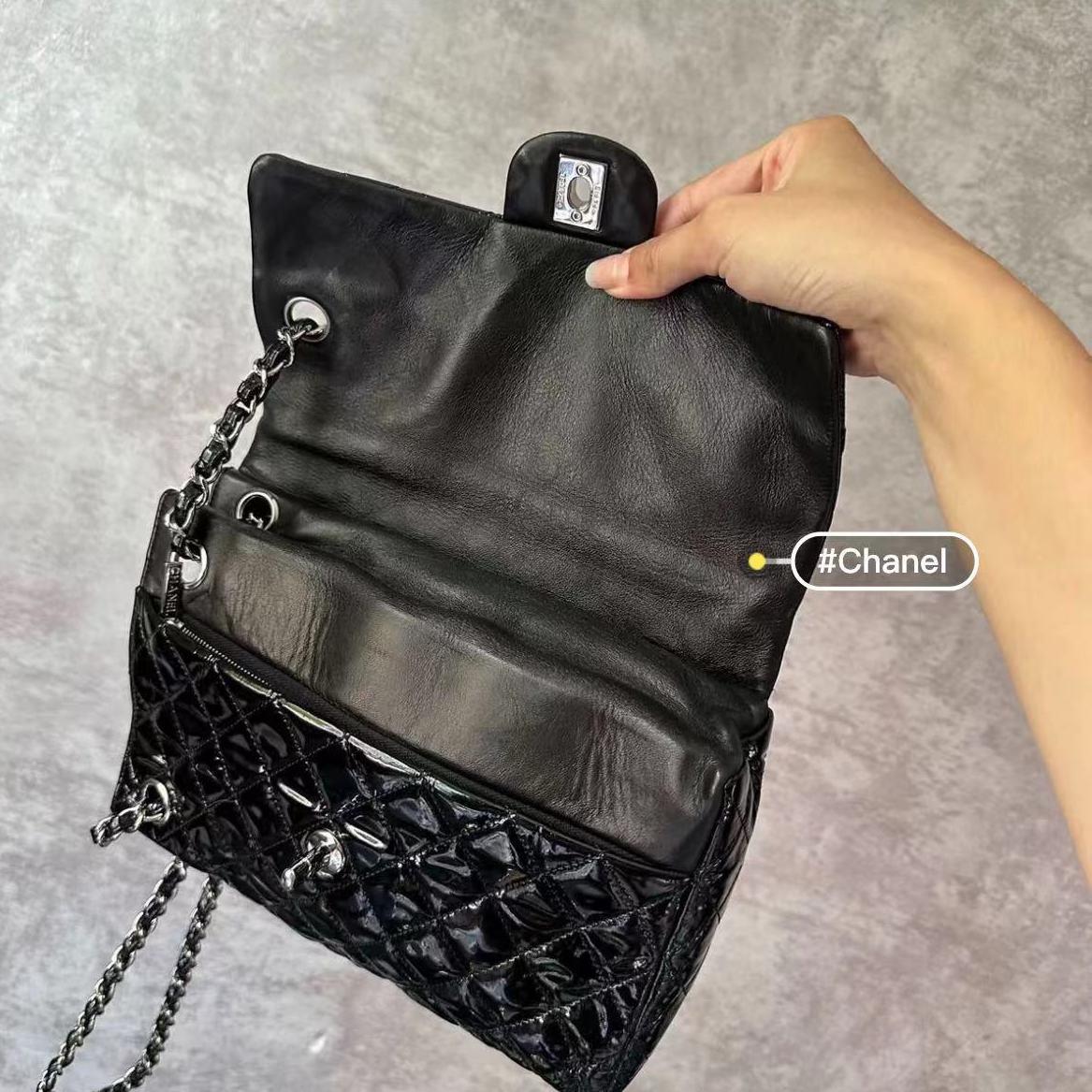 Chanel Upside Down Flap Bag Black Diamond Quilted Patent Leather Silver Hardware 6