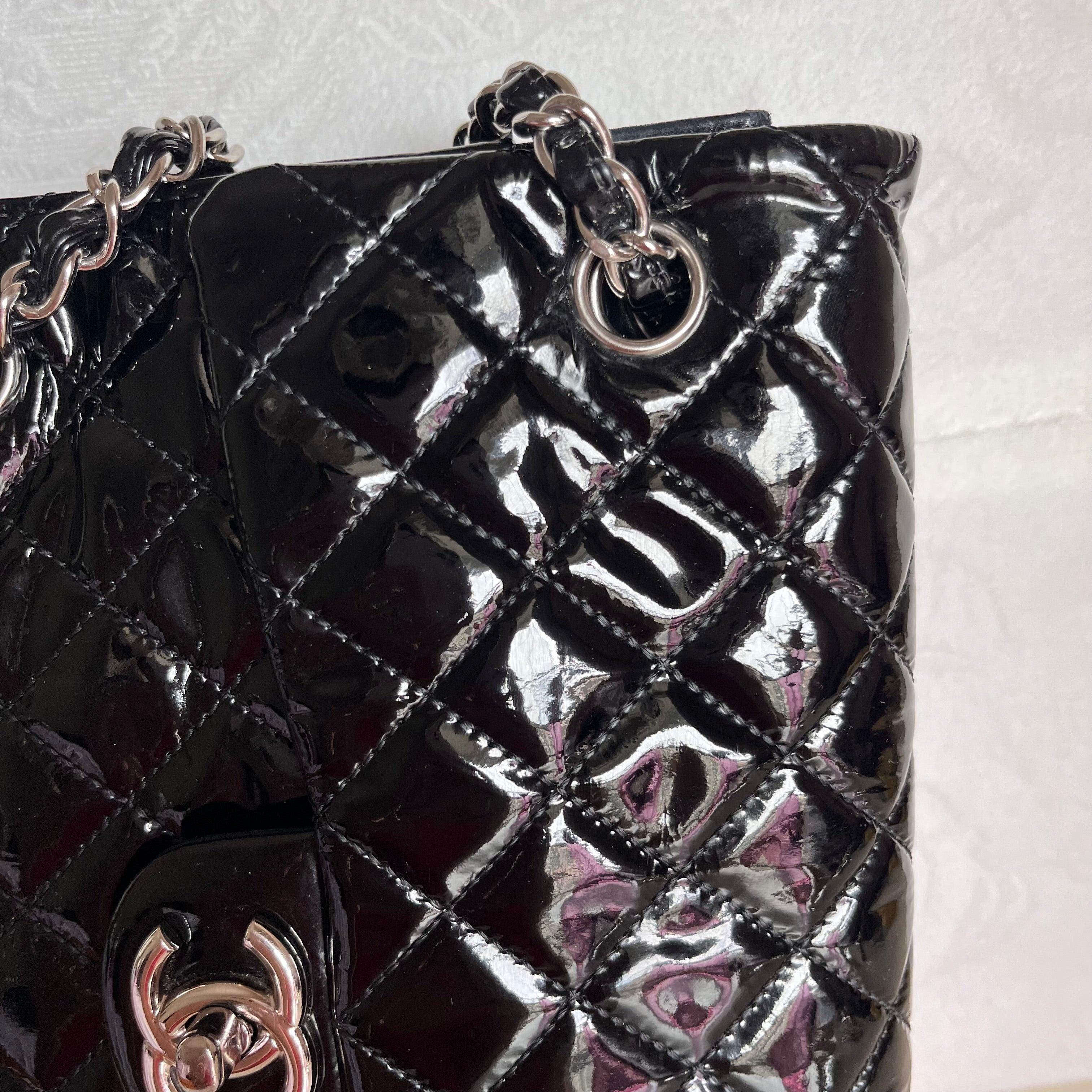 Chanel Upside Down Flap Bag Black Diamond Quilted Patent Leather Silver Hardware 12
