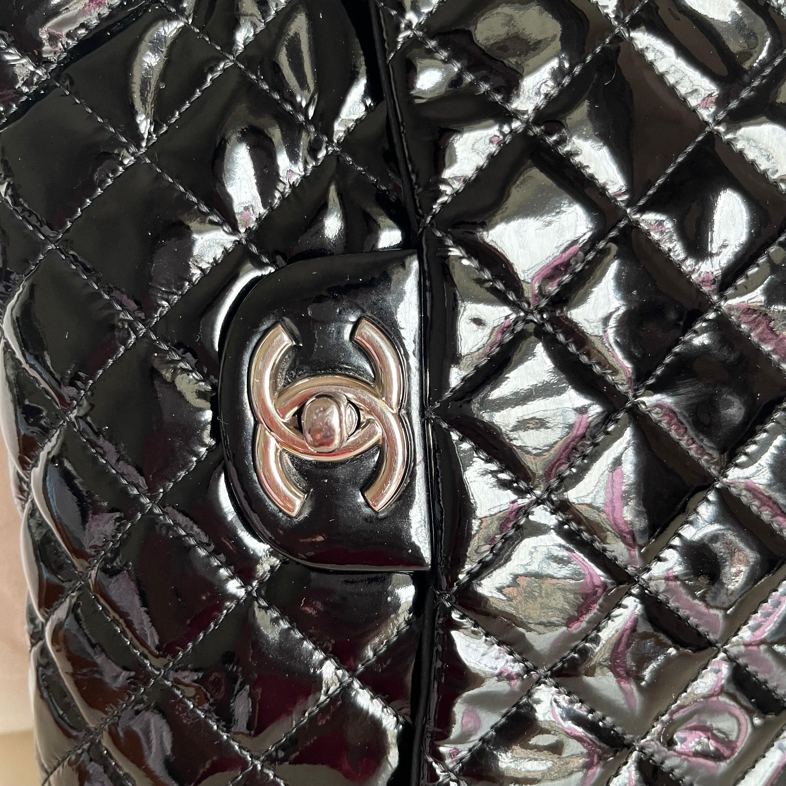 Chanel Upside Down Flap Bag Black Diamond Quilted Patent Leather Silver Hardware 13