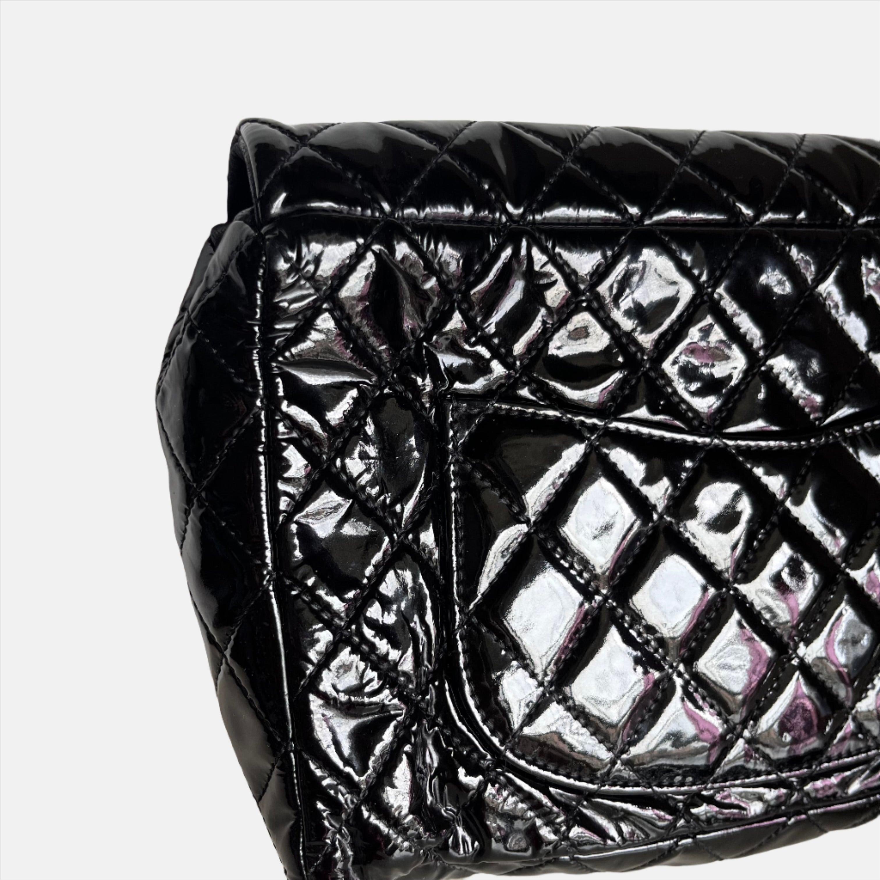 Chanel Upside Down Flap Bag Black Diamond Quilted Patent Leather Silver Hardware 14