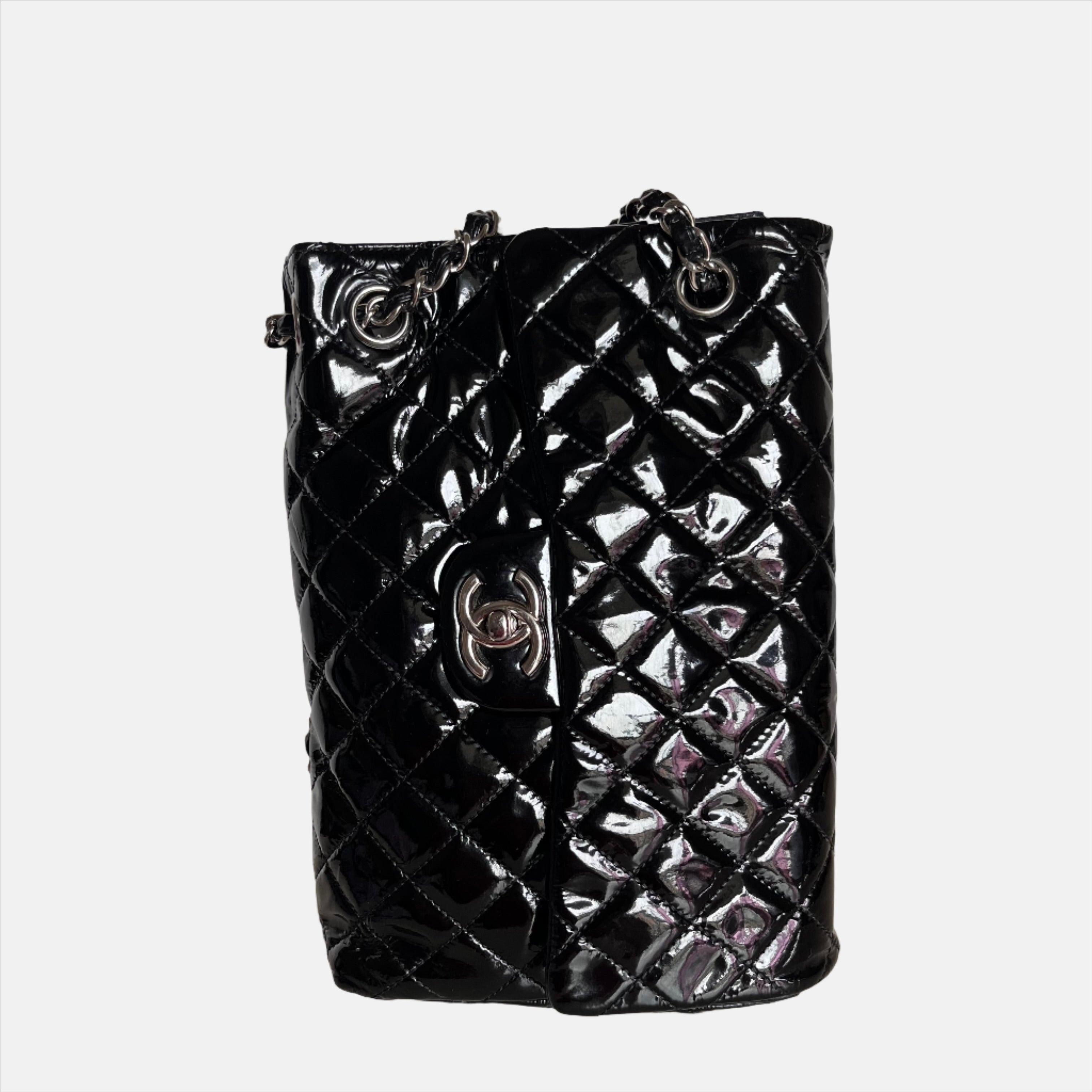 Chanel Upside Down Flap Bag Black Diamond Quilted Patent Leather Silver Hardware 1