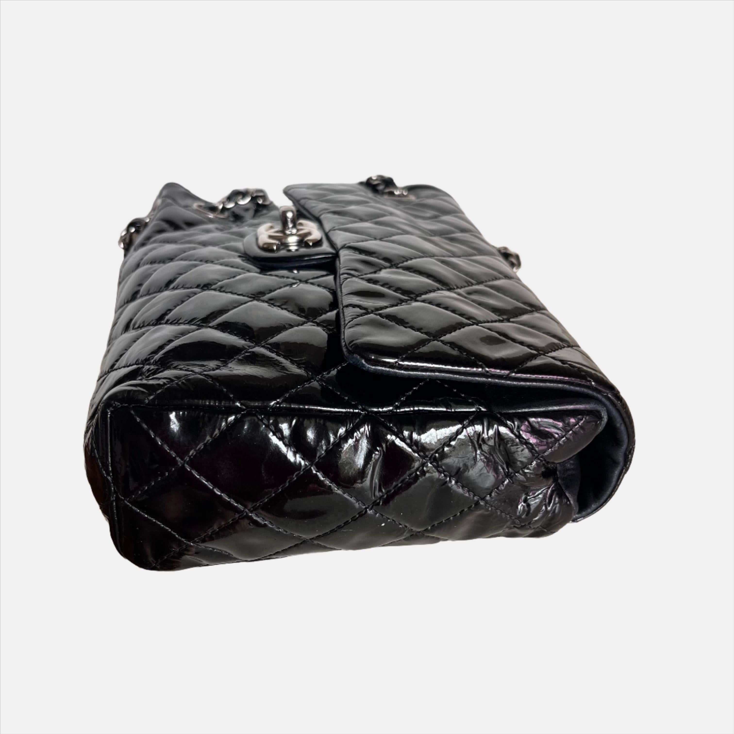 Chanel Upside Down Flap Bag Black Diamond Quilted Patent Leather Silver Hardware 2