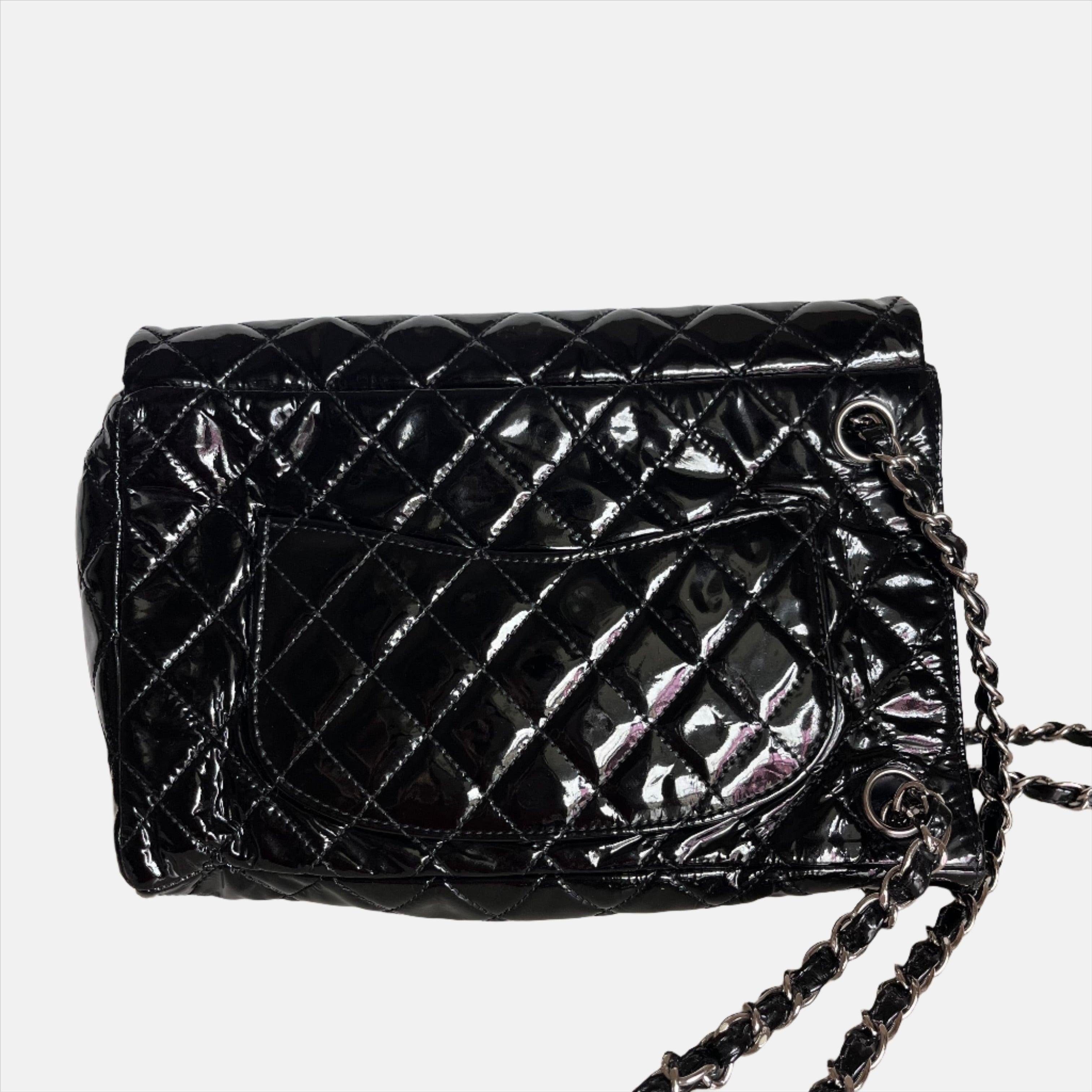 Chanel Upside Down Flap Bag Black Diamond Quilted Patent Leather Silver Hardware 3
