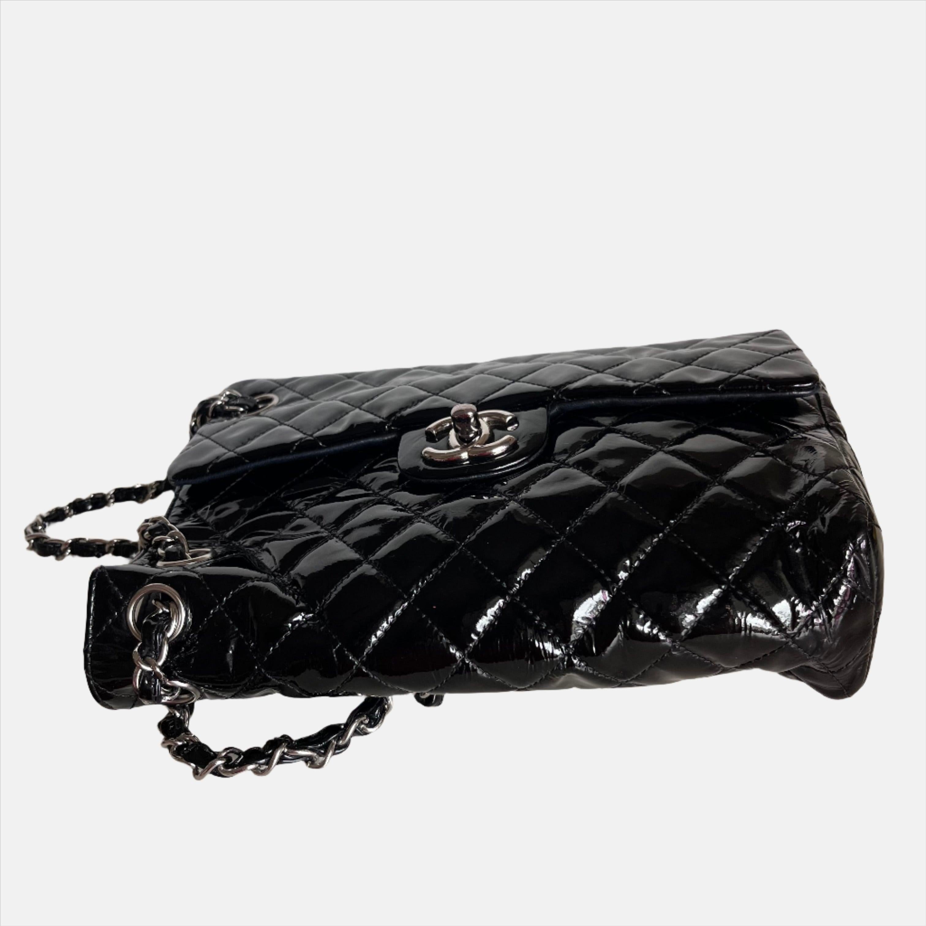 Chanel Upside Down Flap Bag Black Diamond Quilted Patent Leather Silver Hardware 4