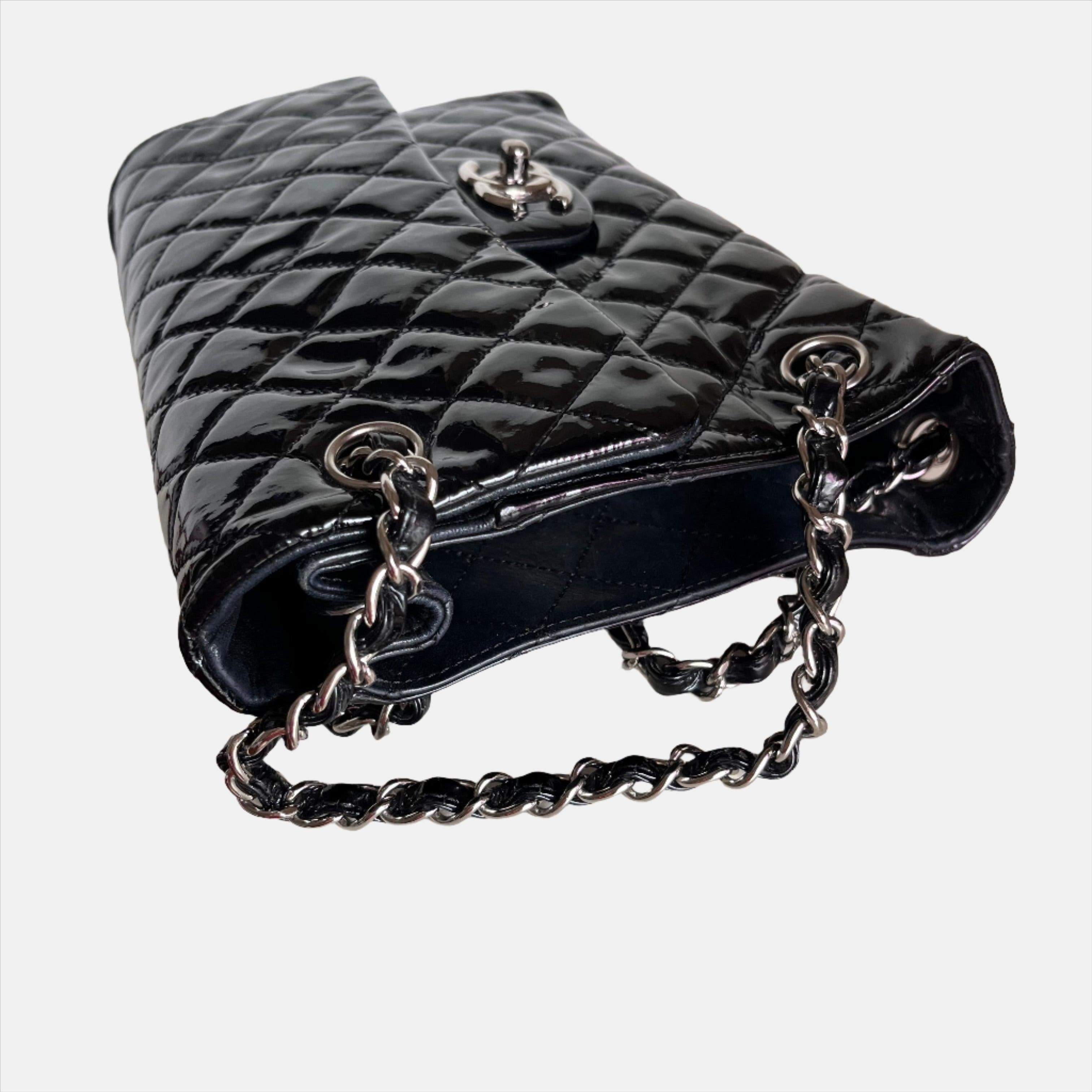Chanel Upside Down Flap Bag Black Diamond Quilted Patent Leather Silver Hardware 5