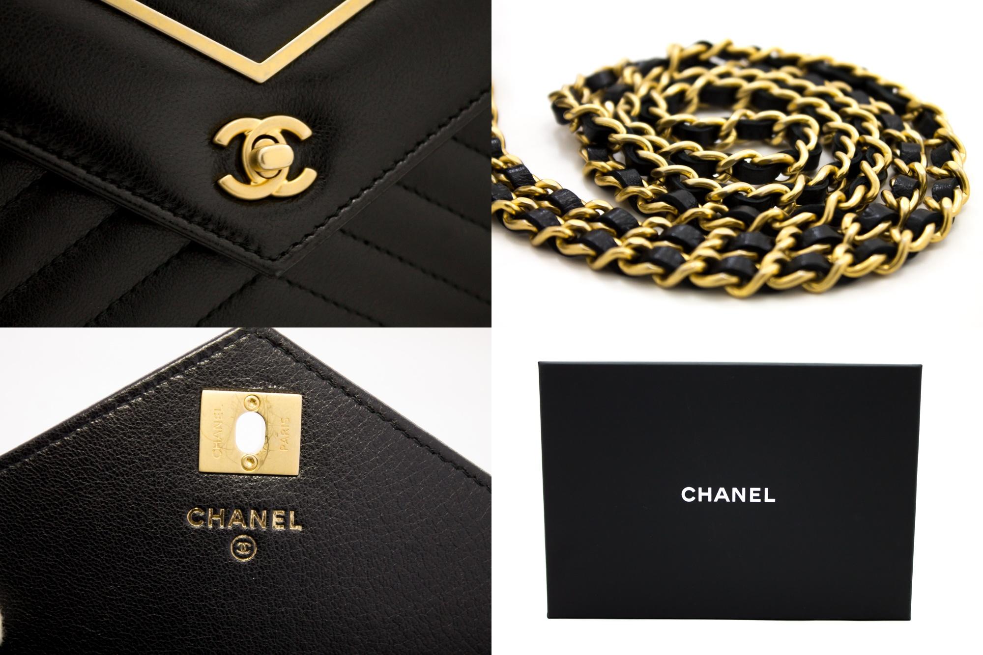 CHANEL V-Stitch WOC Wallet On Chain Black Shoulder Crossbody Bag Leather 2