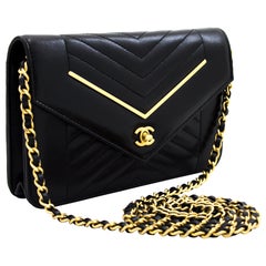 CHANEL V-Stitch WOC Wallet On Chain Black Shoulder Crossbody Bag Leather