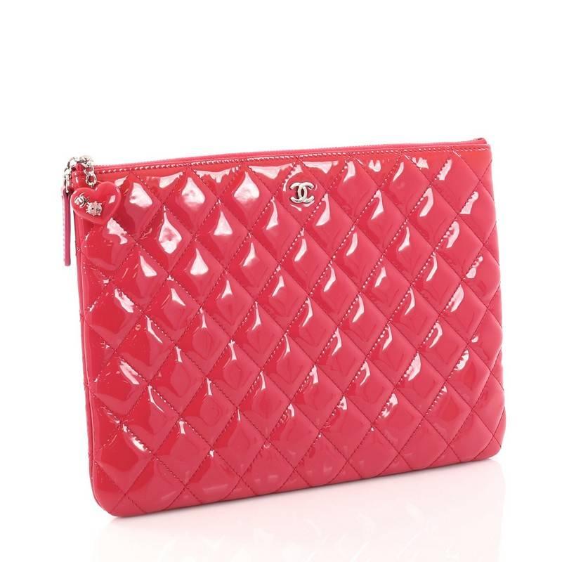 Red Chanel Valentine Hearts O Case Clutch Quilted Patent Medium