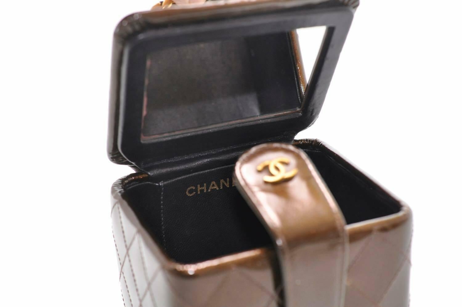 Chanel Vanity Case Micro Mini 90s Vintage Iridescent Bronze Rare Patent Clutch For Sale 6