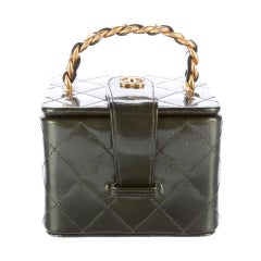 Chanel Vanity Case Micro Mini 90s Vintage Iridescent Rare Green Patent Clutch