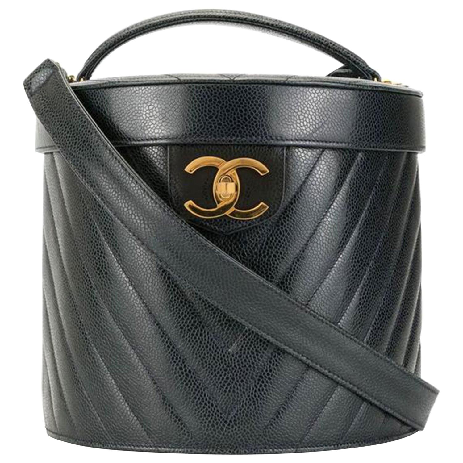 Chanel Vanity Case Rare Vintage 90's Chevron Train Top Handle Black Caviar Bag For Sale at