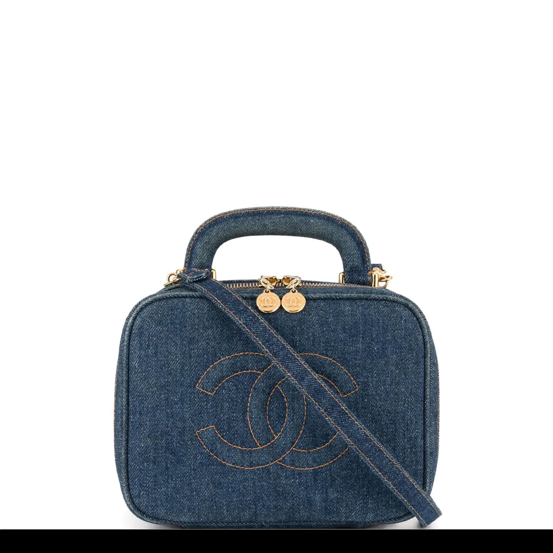 Chanel Vanity Case Rare Vintage Blue Mini Crossbody Black Denim Shoulder Bag 2