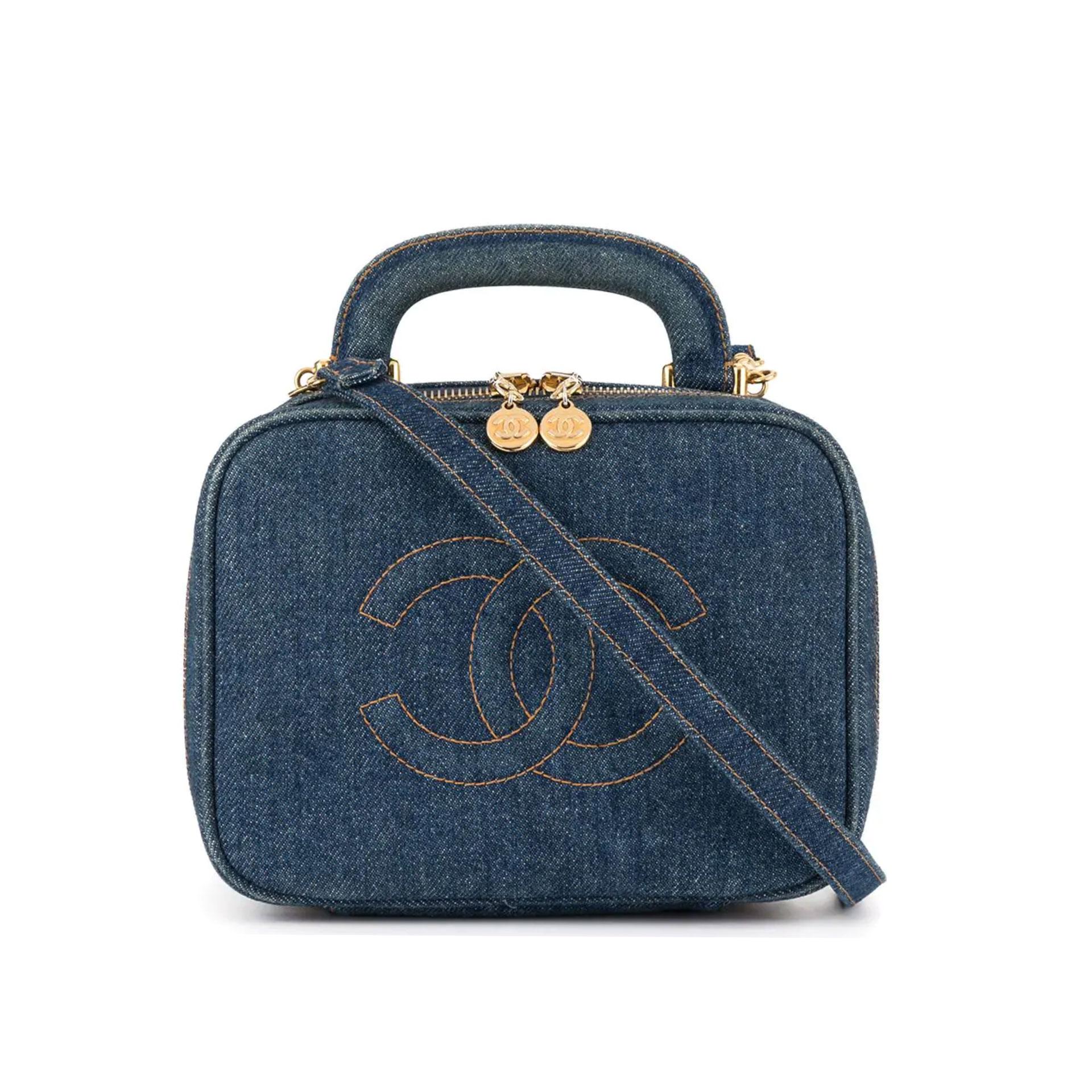 Chanel Vanity Case Rare Vintage Blue Mini Crossbody Black Denim Shoulder Bag In Good Condition In Miami, FL