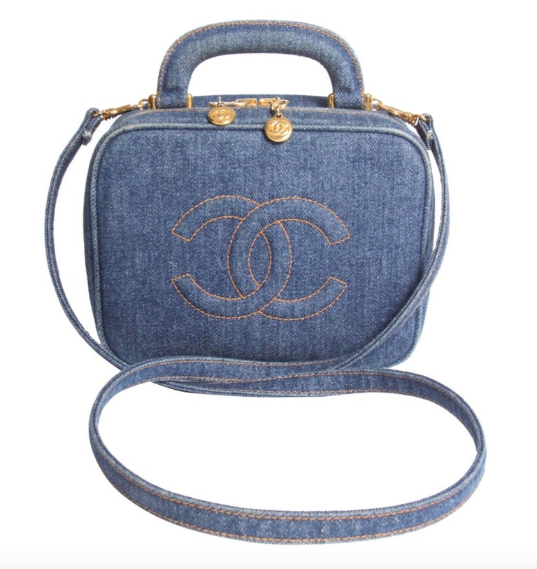 Chanel Vanity Case Rare Vintage Blue Mini Crossbody Black Denim Shoulder Bag  For Sale at 1stDibs