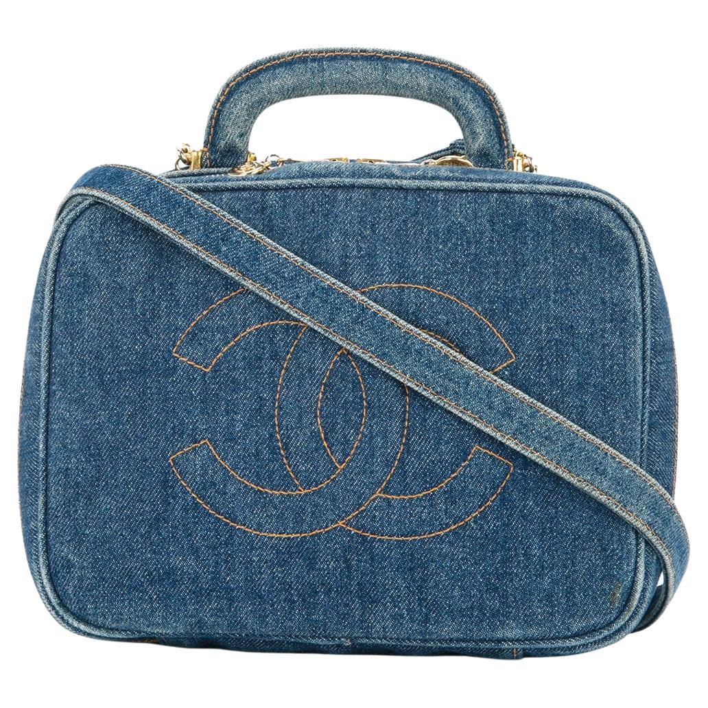 Chanel Waschtischtasche Seltene Vintage Blau Mini Crossbody Schwarz Denim Umhängetasche