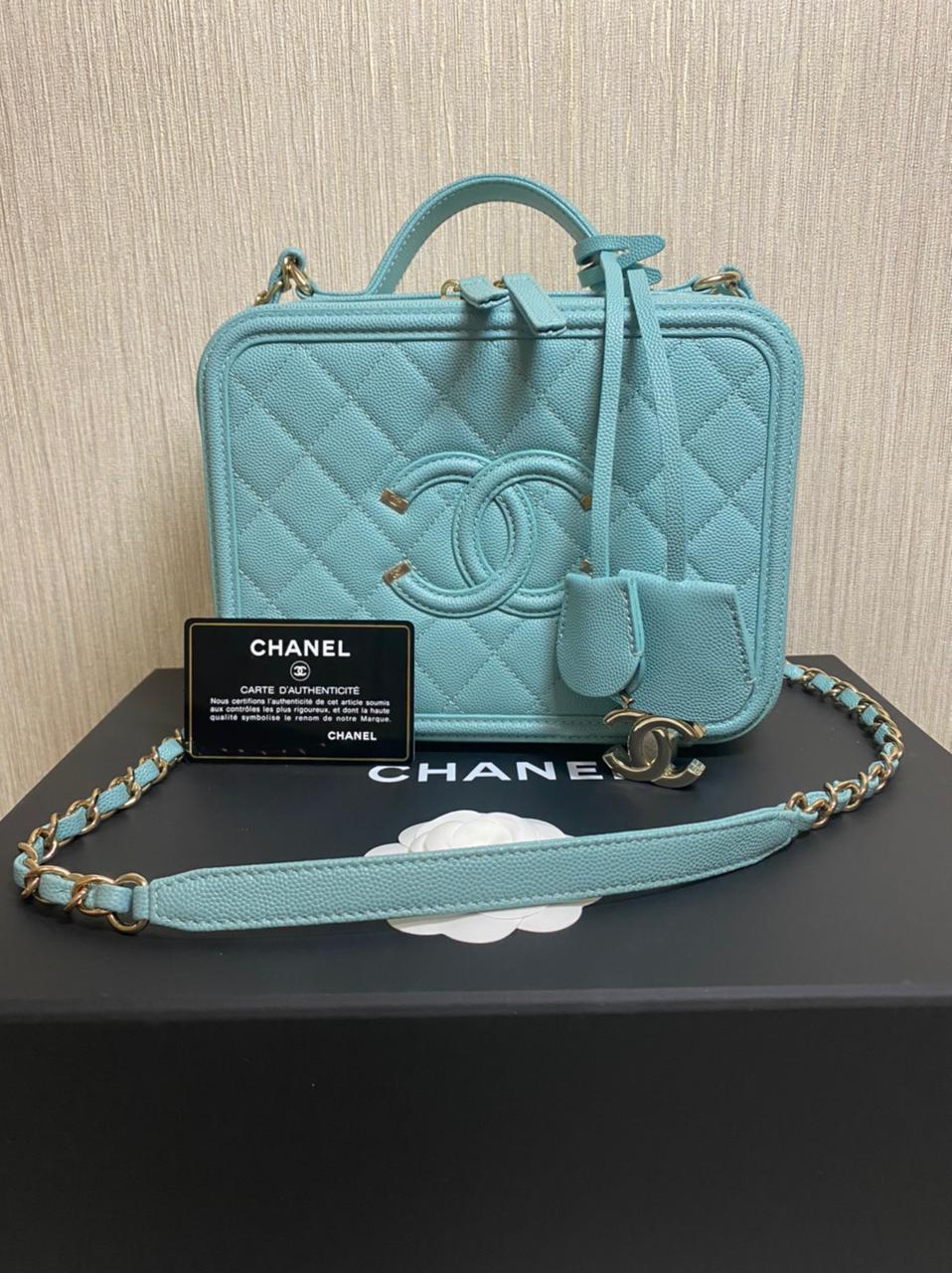 Chanel Quilted Medium CC Filigree Vanity Case in Tiffany color.
Comes with authenticity card, dust bag, Chanel booklet. Bag is in new condition.